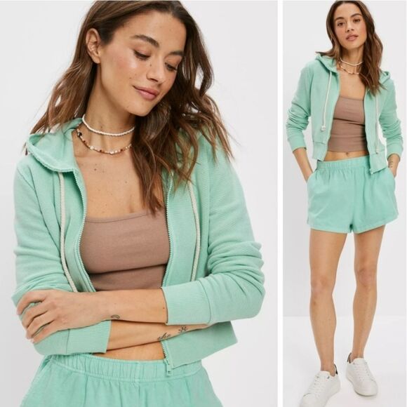 American Eagle AE Sun Set Zip Up Hoodie Green Cropped Feels Seriously Lived In - Picture 1 of 15